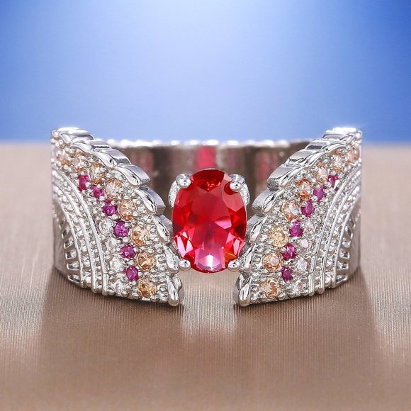 🎁 Ethnic Oval Red Ruby Zircon Wings Vintage Silver Ring for Women, PD596 - Picture 1 of 7